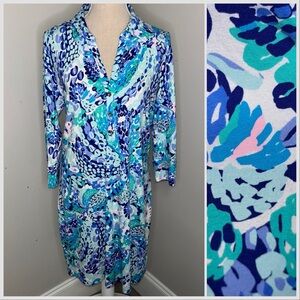 Lilly Pulitzer Ansley polo collar knit shift dress 3/4 sleeves blue & pink Large